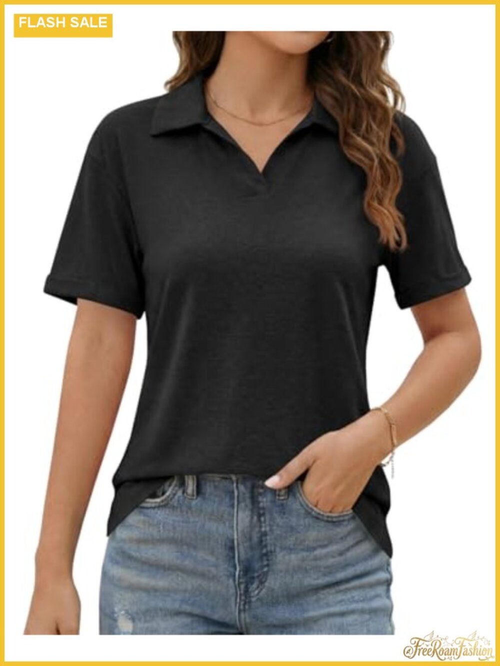 Womens V Neck Rolled Short Sleeve Polo Shirt Business Casual Top